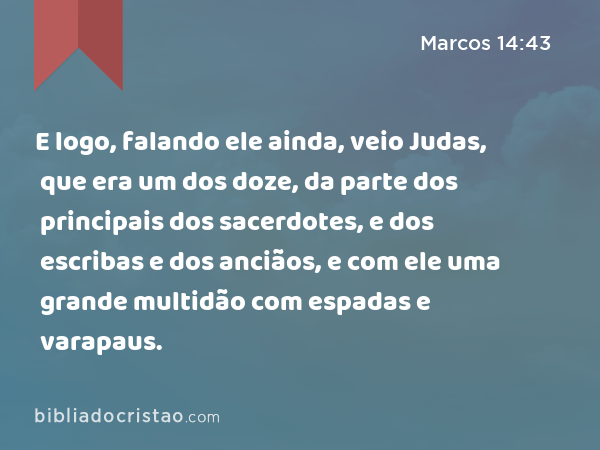 E logo, falando ele ainda, veio Judas, que era um dos doze, da parte dos principais dos sacerdotes, e dos escribas e dos anciãos, e com ele uma grande multidão com espadas e varapaus. - Marcos 14:43