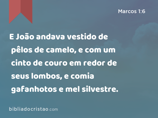 E João andava vestido de pêlos de camelo, e com um cinto de couro em redor de seus lombos, e comia gafanhotos e mel silvestre. - Marcos 1:6