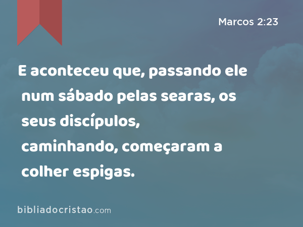 E aconteceu que, passando ele num sábado pelas searas, os seus discípulos, caminhando, começaram a colher espigas. - Marcos 2:23