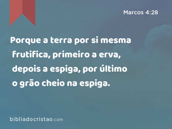 Porque a terra por si mesma frutifica, primeiro a erva, depois a espiga, por último o grão cheio na espiga. - Marcos 4:28