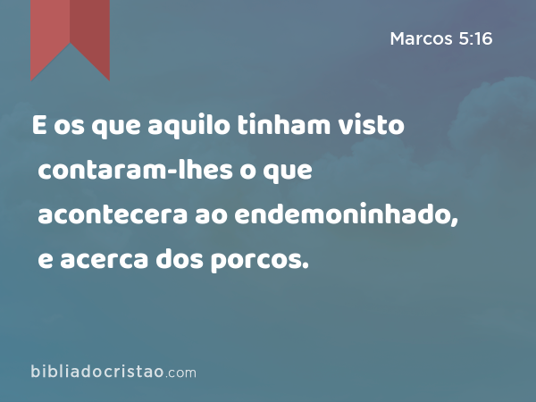 E os que aquilo tinham visto contaram-lhes o que acontecera ao endemoninhado, e acerca dos porcos. - Marcos 5:16