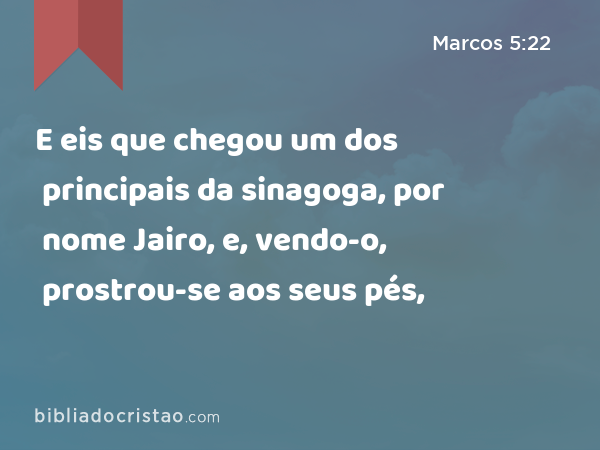 E eis que chegou um dos principais da sinagoga, por nome Jairo, e, vendo-o, prostrou-se aos seus pés, - Marcos 5:22