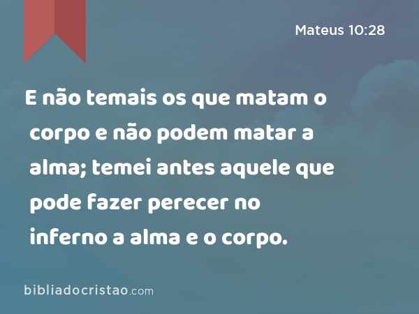 E não temais os que matam o corpo e não podem matar a alma; temei antes aquele que pode fazer perecer no inferno a alma e o corpo. - Mateus 10:28