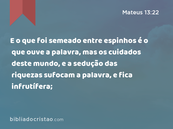 E o que foi semeado entre espinhos é o que ouve a palavra, mas os cuidados deste mundo, e a sedução das riquezas sufocam a palavra, e fica infrutífera; - Mateus 13:22