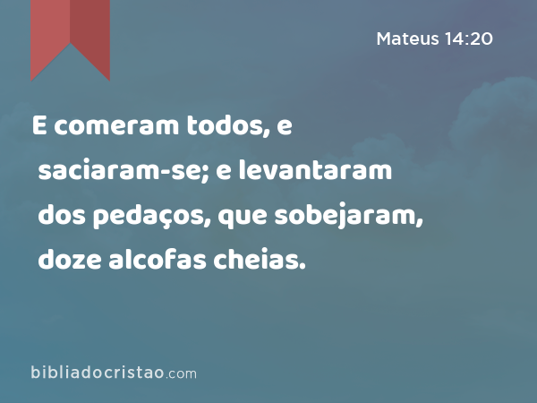 E comeram todos, e saciaram-se; e levantaram dos pedaços, que sobejaram, doze alcofas cheias. - Mateus 14:20