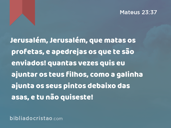 Jerusalém, Jerusalém, que matas os profetas, e apedrejas os que te são enviados! quantas vezes quis eu ajuntar os teus filhos, como a galinha ajunta os seus pintos debaixo das asas, e tu não quiseste! - Mateus 23:37