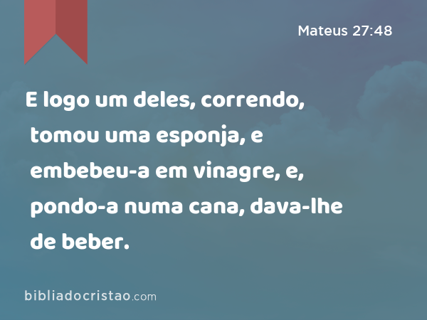 E logo um deles, correndo, tomou uma esponja, e embebeu-a em vinagre, e, pondo-a numa cana, dava-lhe de beber. - Mateus 27:48