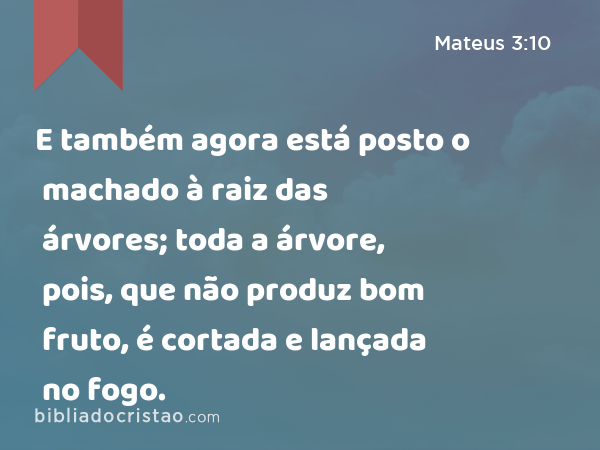 E também agora está posto o machado à raiz das árvores; toda a árvore, pois, que não produz bom fruto, é cortada e lançada no fogo. - Mateus 3:10