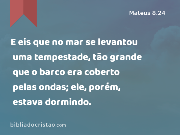 E eis que no mar se levantou uma tempestade, tão grande que o barco era coberto pelas ondas; ele, porém, estava dormindo. - Mateus 8:24