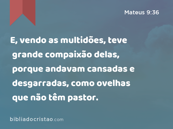 E, vendo as multidões, teve grande compaixão delas, porque andavam cansadas e desgarradas, como ovelhas que não têm pastor. - Mateus 9:36