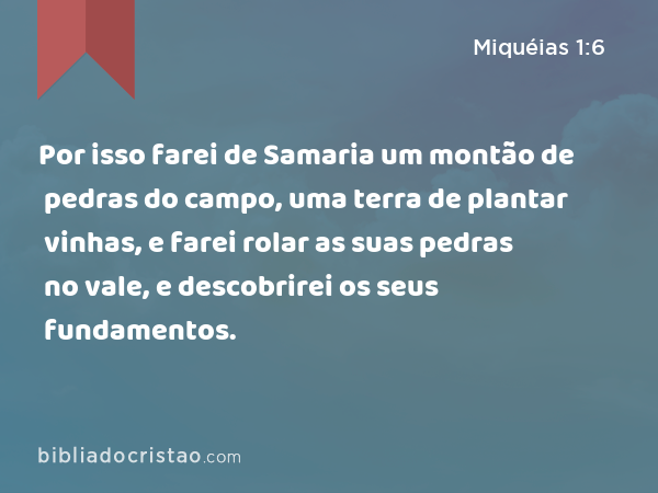 Por isso farei de Samaria um montão de pedras do campo, uma terra de plantar vinhas, e farei rolar as suas pedras no vale, e descobrirei os seus fundamentos. - Miquéias 1:6