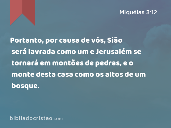 Portanto, por causa de vós, Sião será lavrada como um e Jerusalém se tornará em montões de pedras, e o monte desta casa como os altos de um bosque. - Miquéias 3:12