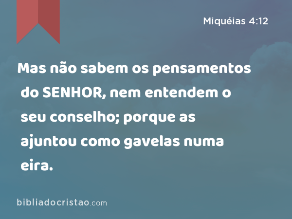 Mas não sabem os pensamentos do SENHOR, nem entendem o seu conselho; porque as ajuntou como gavelas numa eira. - Miquéias 4:12