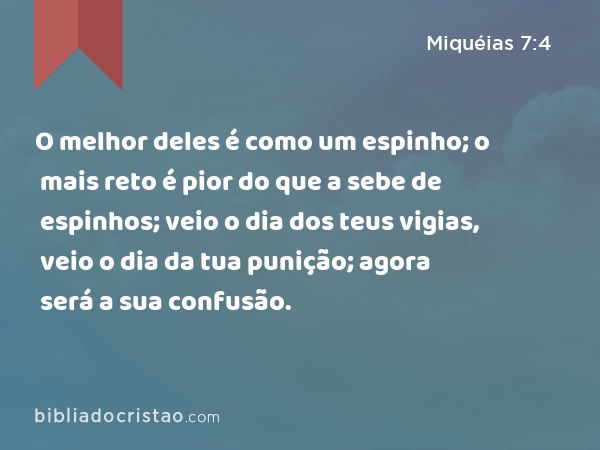 O melhor deles é como um espinho; o mais reto é pior do que a sebe de espinhos; veio o dia dos teus vigias, veio o dia da tua punição; agora será a sua confusão. - Miquéias 7:4