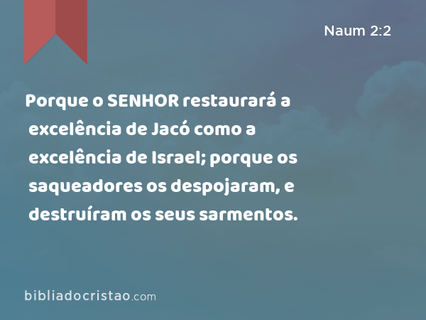 Porque o SENHOR restaurará a excelência de Jacó como a excelência de Israel; porque os saqueadores os despojaram, e destruíram os seus sarmentos. - Naum 2:2