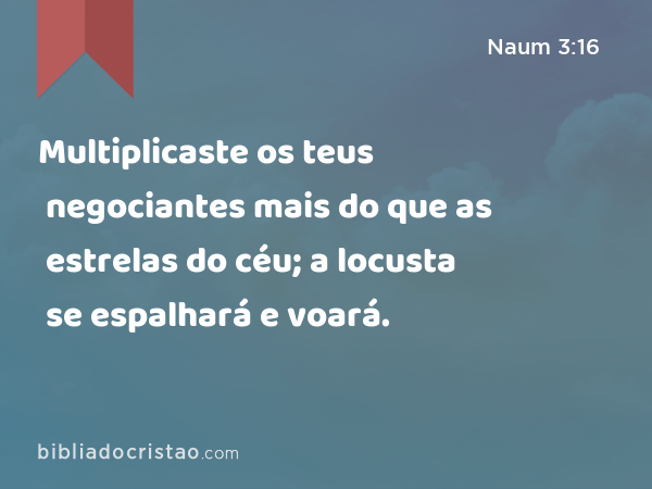 Multiplicaste os teus negociantes mais do que as estrelas do céu; a locusta se espalhará e voará. - Naum 3:16