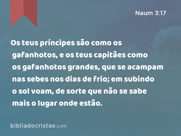 Os teus príncipes são como os gafanhotos, e os teus capitães como os gafanhotos grandes, que se acampam nas sebes nos dias de frio; em subindo o sol voam, de sorte que não se sabe mais o lugar onde estão. - Naum 3:17