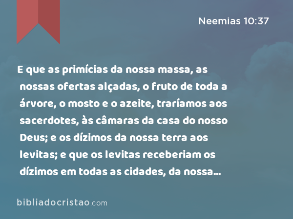 E que as primícias da nossa massa, as nossas ofertas alçadas, o fruto de toda a árvore, o mosto e o azeite, traríamos aos sacerdotes, às câmaras da casa do nosso Deus; e os dízimos da nossa terra aos levitas; e que os levitas receberiam os dízimos em todas as cidades, da nossa lavoura. - Neemias 10:37