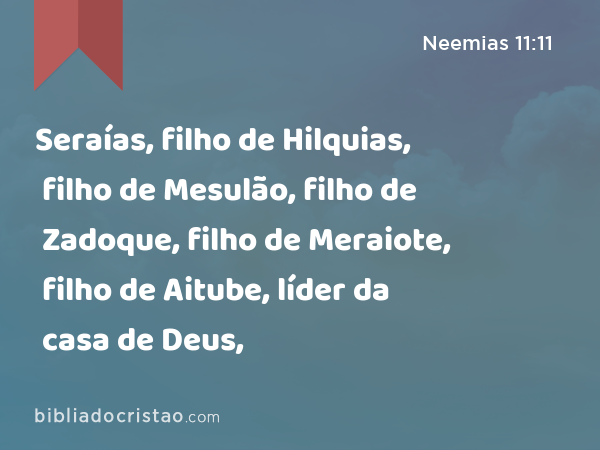 Seraías, filho de Hilquias, filho de Mesulão, filho de Zadoque, filho de Meraiote, filho de Aitube, líder da casa de Deus, - Neemias 11:11