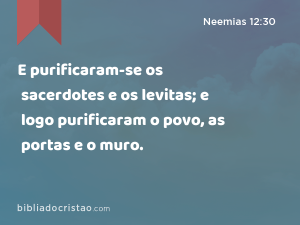 E purificaram-se os sacerdotes e os levitas; e logo purificaram o povo, as portas e o muro. - Neemias 12:30