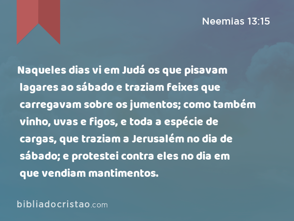 Naqueles dias vi em Judá os que pisavam lagares ao sábado e traziam feixes que carregavam sobre os jumentos; como também vinho, uvas e figos, e toda a espécie de cargas, que traziam a Jerusalém no dia de sábado; e protestei contra eles no dia em que vendiam mantimentos. - Neemias 13:15