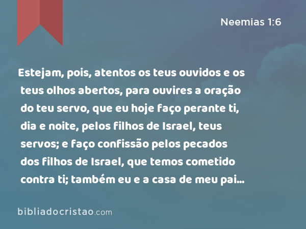 Estejam, pois, atentos os teus ouvidos e os teus olhos abertos, para ouvires a oração do teu servo, que eu hoje faço perante ti, dia e noite, pelos filhos de Israel, teus servos; e faço confissão pelos pecados dos filhos de Israel, que temos cometido contra ti; também eu e a casa de meu pai temos pecado. - Neemias 1:6