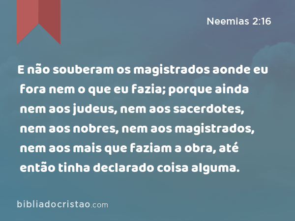 E não souberam os magistrados aonde eu fora nem o que eu fazia; porque ainda nem aos judeus, nem aos sacerdotes, nem aos nobres, nem aos magistrados, nem aos mais que faziam a obra, até então tinha declarado coisa alguma. - Neemias 2:16