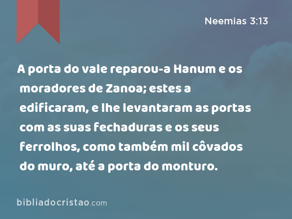 A porta do vale reparou-a Hanum e os moradores de Zanoa; estes a edificaram, e lhe levantaram as portas com as suas fechaduras e os seus ferrolhos, como também mil côvados do muro, até a porta do monturo. - Neemias 3:13