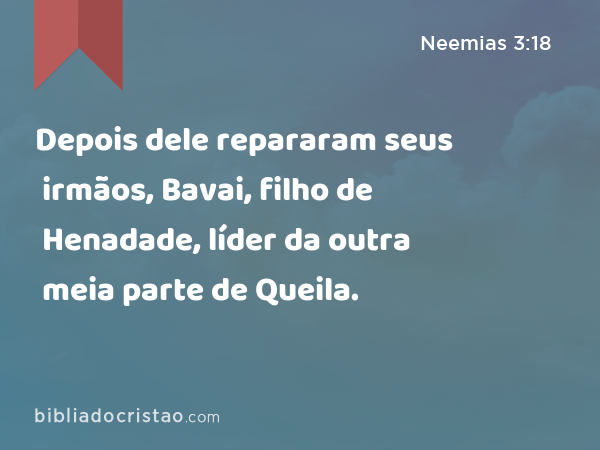 Depois dele repararam seus irmãos, Bavai, filho de Henadade, líder da outra meia parte de Queila. - Neemias 3:18