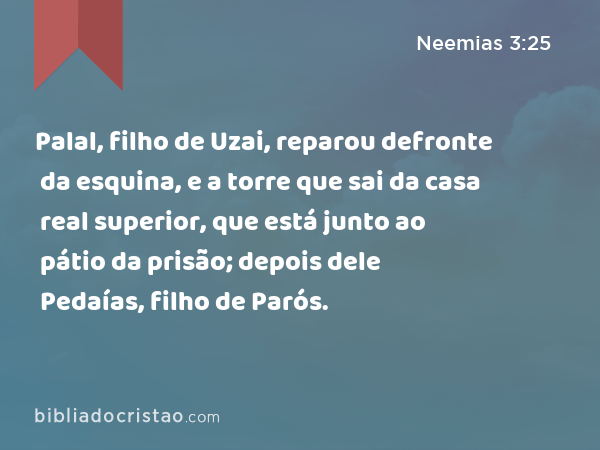 Palal, filho de Uzai, reparou defronte da esquina, e a torre que sai da casa real superior, que está junto ao pátio da prisão; depois dele Pedaías, filho de Parós. - Neemias 3:25