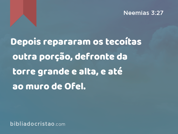 Depois repararam os tecoítas outra porção, defronte da torre grande e alta, e até ao muro de Ofel. - Neemias 3:27