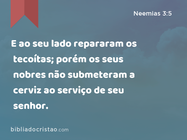 E ao seu lado repararam os tecoítas; porém os seus nobres não submeteram a cerviz ao serviço de seu senhor. - Neemias 3:5