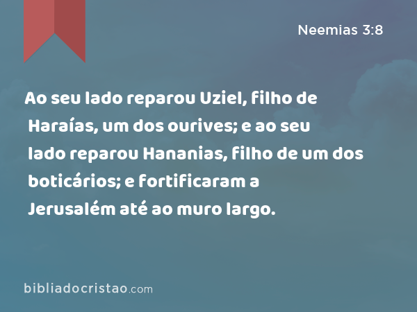 Ao seu lado reparou Uziel, filho de Haraías, um dos ourives; e ao seu lado reparou Hananias, filho de um dos boticários; e fortificaram a Jerusalém até ao muro largo. - Neemias 3:8