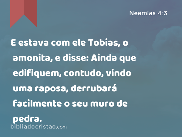 E estava com ele Tobias, o amonita, e disse: Ainda que edifiquem, contudo, vindo uma raposa, derrubará facilmente o seu muro de pedra. - Neemias 4:3