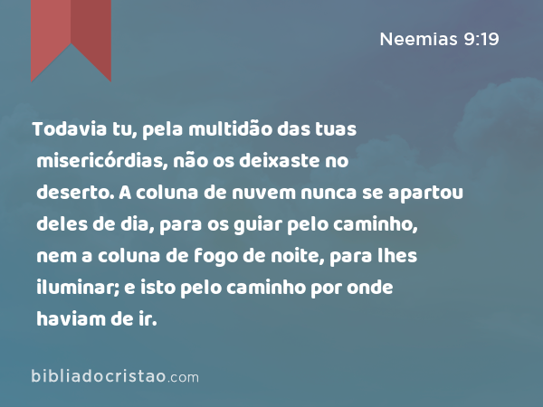 Todavia tu, pela multidão das tuas misericórdias, não os deixaste no deserto. A coluna de nuvem nunca se apartou deles de dia, para os guiar pelo caminho, nem a coluna de fogo de noite, para lhes iluminar; e isto pelo caminho por onde haviam de ir. - Neemias 9:19