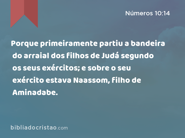 Porque primeiramente partiu a bandeira do arraial dos filhos de Judá segundo os seus exércitos; e sobre o seu exército estava Naassom, filho de Aminadabe. - Números 10:14