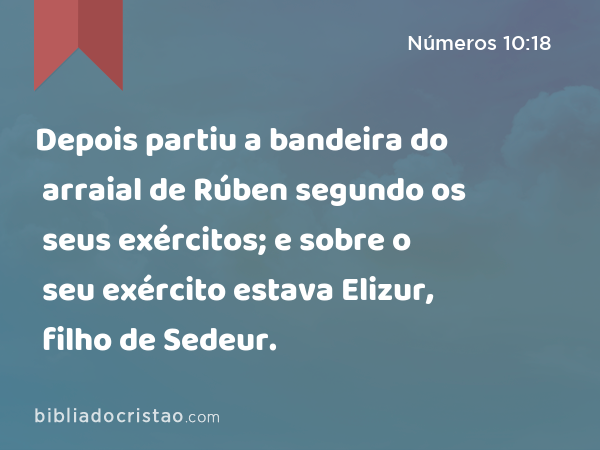 Depois partiu a bandeira do arraial de Rúben segundo os seus exércitos; e sobre o seu exército estava Elizur, filho de Sedeur. - Números 10:18