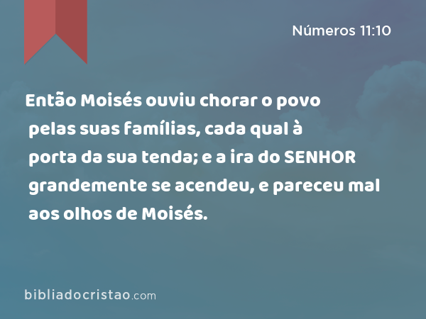 Então Moisés ouviu chorar o povo pelas suas famílias, cada qual à porta da sua tenda; e a ira do SENHOR grandemente se acendeu, e pareceu mal aos olhos de Moisés. - Números 11:10