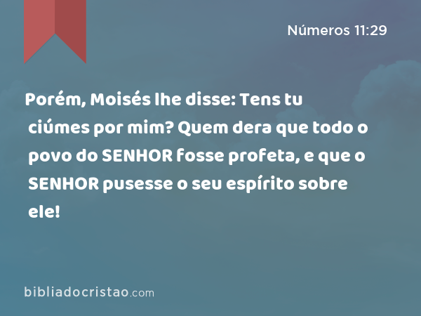 Porém, Moisés lhe disse: Tens tu ciúmes por mim? Quem dera que todo o povo do SENHOR fosse profeta, e que o SENHOR pusesse o seu espírito sobre ele! - Números 11:29