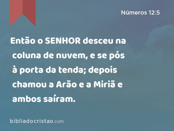 Então o SENHOR desceu na coluna de nuvem, e se pós à porta da tenda; depois chamou a Arão e a Miriã e ambos saíram. - Números 12:5