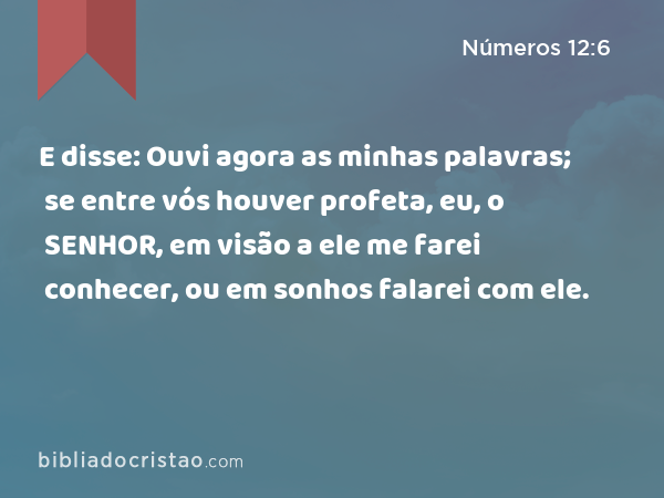 E disse: Ouvi agora as minhas palavras; se entre vós houver profeta, eu, o SENHOR, em visão a ele me farei conhecer, ou em sonhos falarei com ele. - Números 12:6