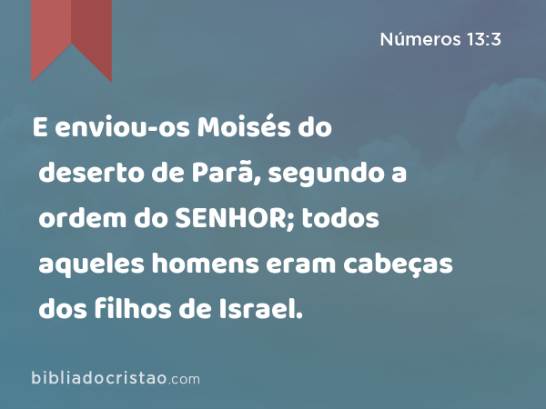 E enviou-os Moisés do deserto de Parã, segundo a ordem do SENHOR; todos aqueles homens eram cabeças dos filhos de Israel. - Números 13:3