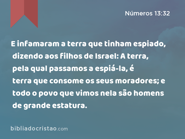 E infamaram a terra que tinham espiado, dizendo aos filhos de Israel: A terra, pela qual passamos a espiá-la, é terra que consome os seus moradores; e todo o povo que vimos nela são homens de grande estatura. - Números 13:32