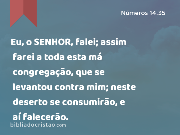 Eu, o SENHOR, falei; assim farei a toda esta má congregação, que se levantou contra mim; neste deserto se consumirão, e aí falecerão. - Números 14:35