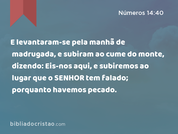 E levantaram-se pela manhã de madrugada, e subiram ao cume do monte, dizendo: Eis-nos aqui, e subiremos ao lugar que o SENHOR tem falado; porquanto havemos pecado. - Números 14:40