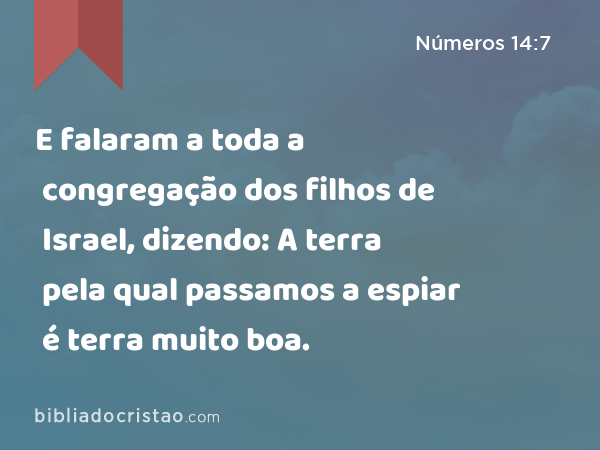 E falaram a toda a congregação dos filhos de Israel, dizendo: A terra pela qual passamos a espiar é terra muito boa. - Números 14:7