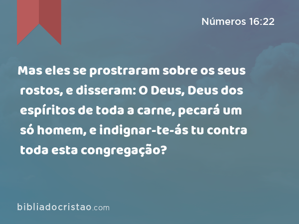 Mas eles se prostraram sobre os seus rostos, e disseram: O Deus, Deus dos espíritos de toda a carne, pecará um só homem, e indignar-te-ás tu contra toda esta congregação? - Números 16:22