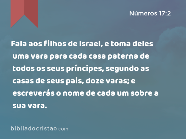 Fala aos filhos de Israel, e toma deles uma vara para cada casa paterna de todos os seus príncipes, segundo as casas de seus pais, doze varas; e escreverás o nome de cada um sobre a sua vara. - Números 17:2