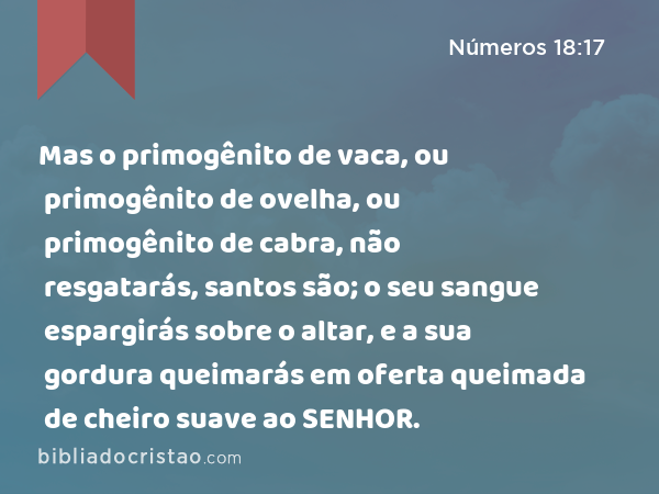 Mas o primogênito de vaca, ou primogênito de ovelha, ou primogênito de cabra, não resgatarás, santos são; o seu sangue espargirás sobre o altar, e a sua gordura queimarás em oferta queimada de cheiro suave ao SENHOR. - Números 18:17