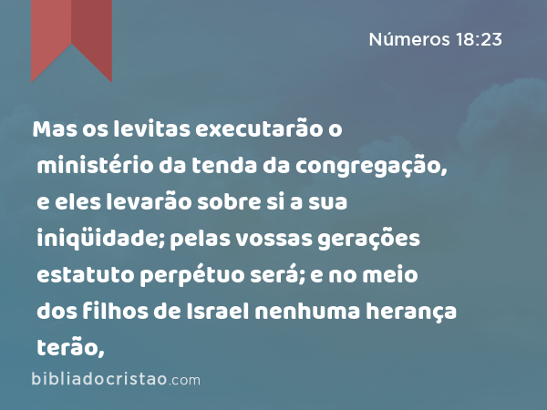 Mas os levitas executarão o ministério da tenda da congregação, e eles levarão sobre si a sua iniqüidade; pelas vossas gerações estatuto perpétuo será; e no meio dos filhos de Israel nenhuma herança terão, - Números 18:23